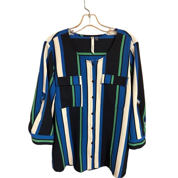 NY Collection Women’s Size L Button Down Striped Career Blouse Roll Tab Sleeves - Picture 1 of 13